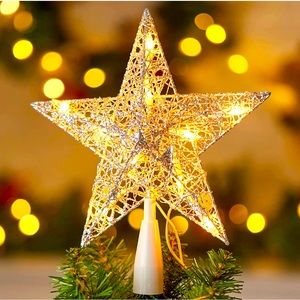 Retro Glitter Lighted Xmas Tree Topper Star 9" 3D Silver Christmas Decor